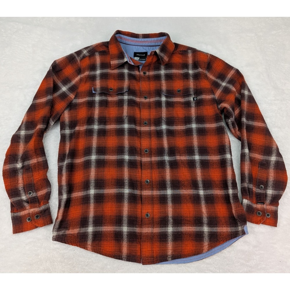 Marmot Plaid Shirt Men's L Orange Flannel‎ Button Long Sleeve Camp Hike Outdoor